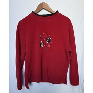 Vintage 90s Embroidered Skiing Penguins Fleece Pullover